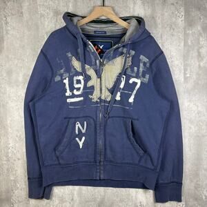 Y2K American Eagle Mens Crazy 1977 NY Blue Zip Up Hoodie X-L